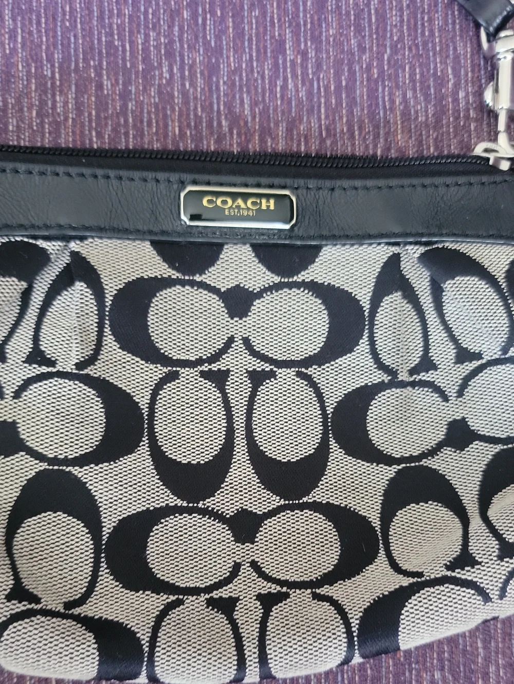 Coach Black & Gray Signature Canvas Wristlet with Leather Trim